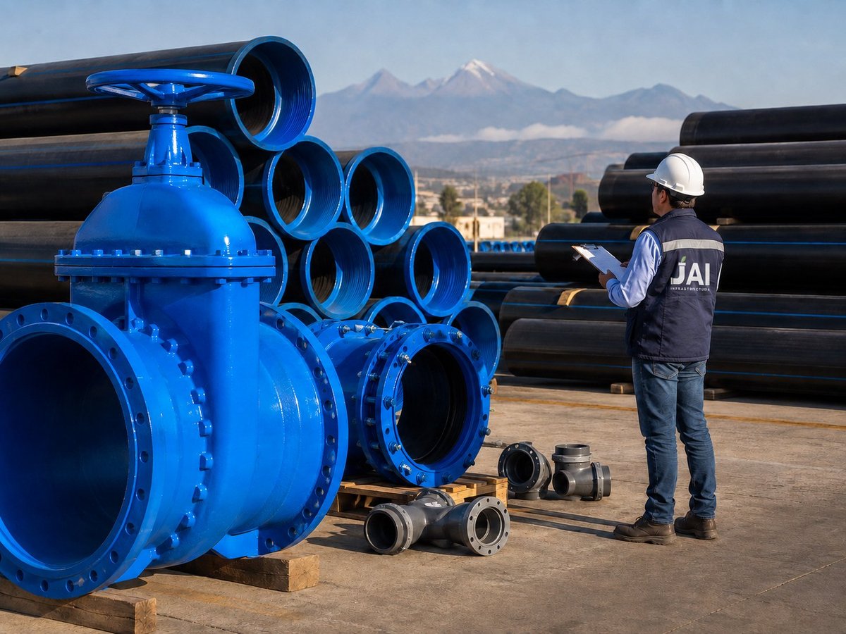 Trabajador inspeccionando una gran válvula industrial azul con tuberías negras apiladas y paisaje de montañas al fondo